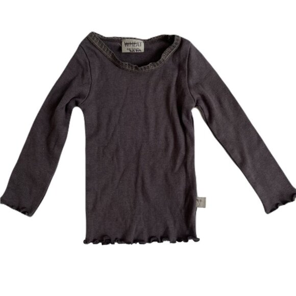 None Other - Wheat Gray Long Sleeve Ribbed Tee with Scoop Lace Neck and Ruffled Edge